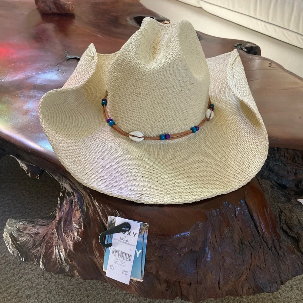 Roxy Cream Western Straw Hat with Beaded Shell Band NEW - Picture 5 of 7